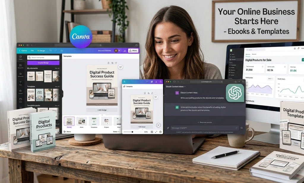 Person creating digital products like ebooks and templates on a laptop using Canva and ChatGPT, online business concept