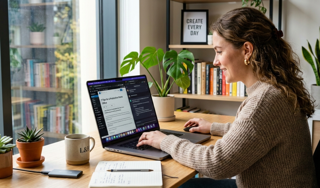 Blogger writing a blog post on WordPress while using ChatGPT for ideas, laptop screen with writing dashboard, modern workspace