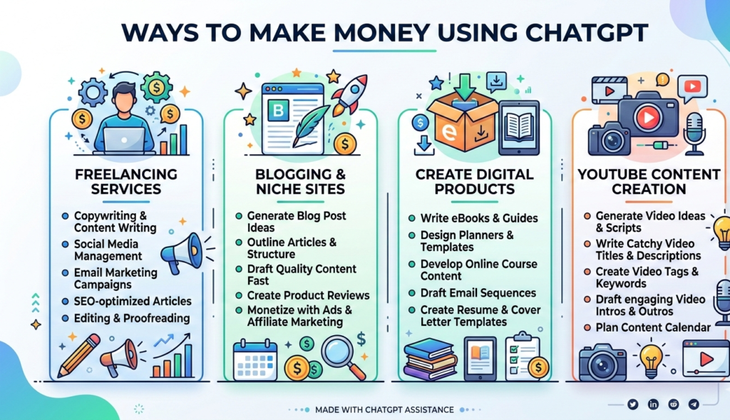 Infographic showing ways to make money using ChatGPT including freelancing, blogging, digital products, and YouTube content creation