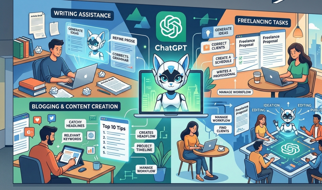 Illustration showing ChatGPT helping with writing, blogging, and freelancing tasks.
