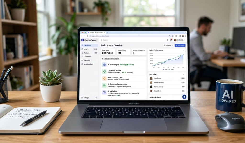 Laptop displaying an online store dashboard with AI automation.