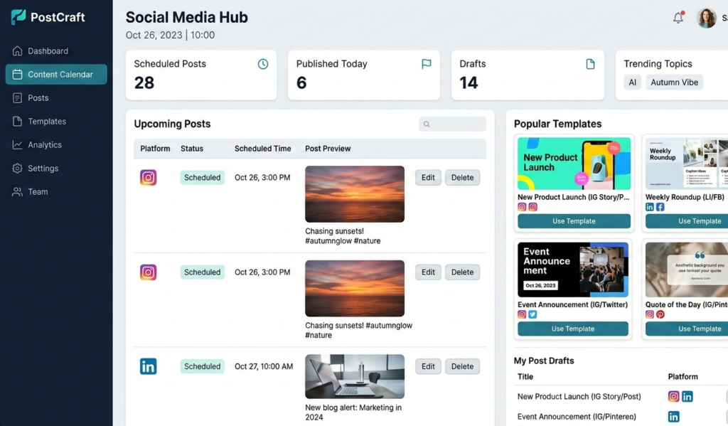 Design dashboard showing social media posts and templates.