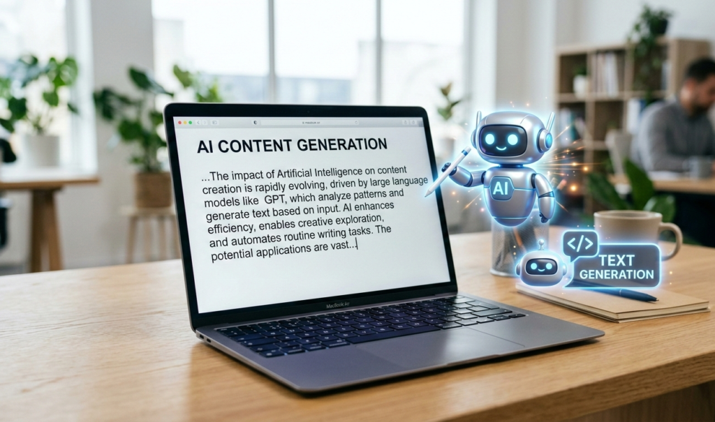 A laptop generating text with AI robot icons beside it.