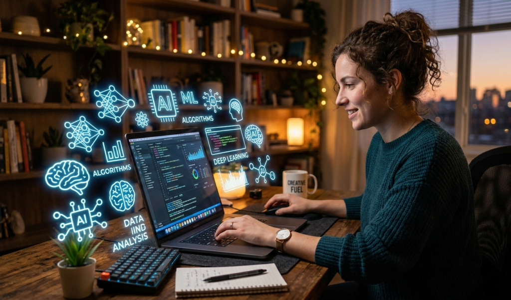 A person working on a laptop with glowing AI icons around the screen.