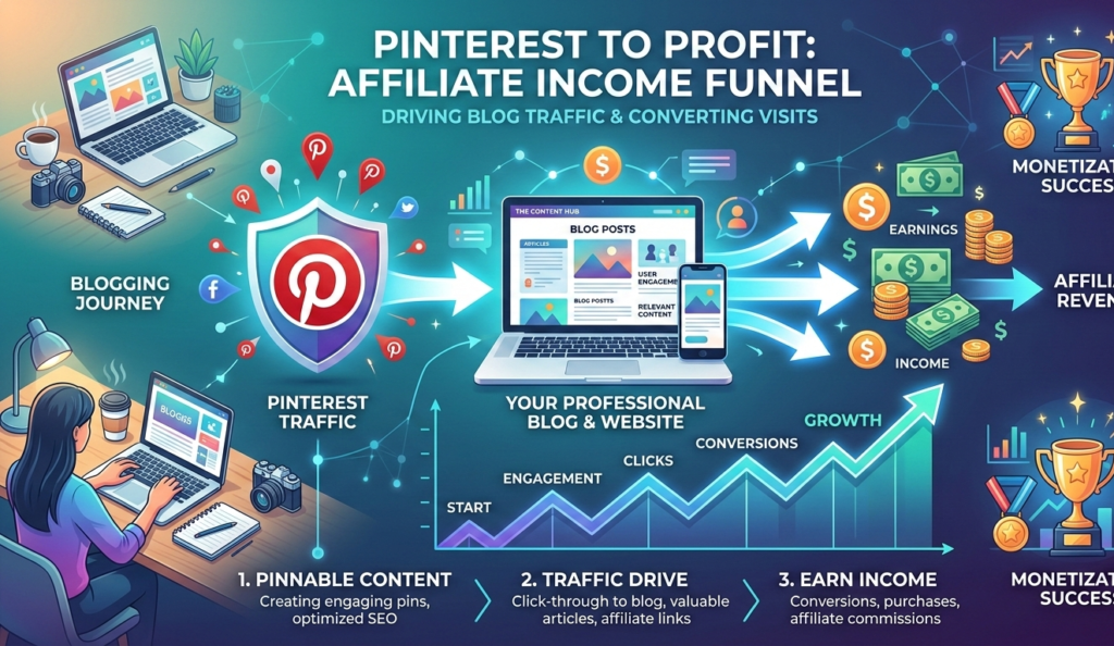 A blogger creating multiple Pinterest pins for affiliate products on a laptop, Pinterest boards and colorful pins displayed on the screen, digital marketing workspace with tablet and phone, modern blogging environment, bright and clean style.