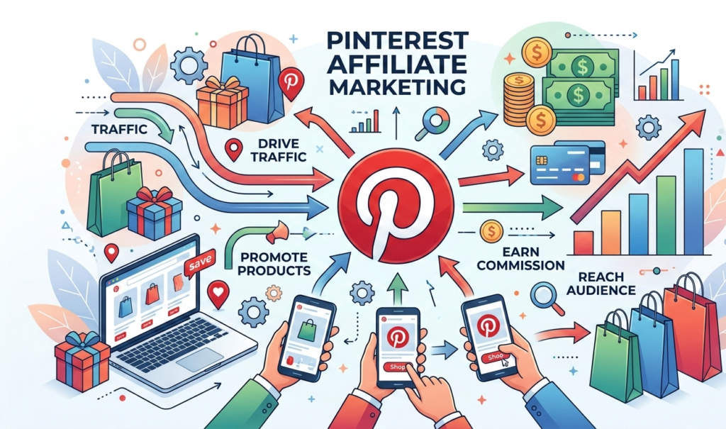 A creative digital illustration representing Pinterest affiliate marketing, Pinterest logo connected to money icons, shopping bags, and website traffic arrows, modern social media marketing concept, clean and professional infographic style.