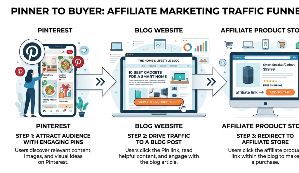An infographic showing Pinterest sending traffic to a blog website and then to an affiliate product store, arrows connecting Pinterest icon, blog page, and online shopping page, digital marketing concept, clean flat infographic style, white background.