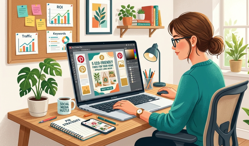 A digital marketer designing a Pinterest pin for affiliate marketing using a design tool on a laptop, colorful Pinterest pins visible on screen, modern blogging workspace, social media marketing theme, clean bright lighting, professional illustration style.