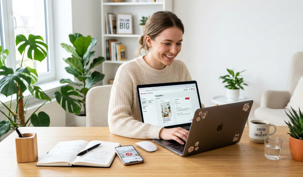 A beginner blogger working on Pinterest affiliate marketing on a laptop, Pinterest dashboard visible on the screen, digital marketing workspace with coffee, notebook, and smartphone, bright modern home office, blogging and affiliate marketing theme, realistic illustration, high quality, white background.