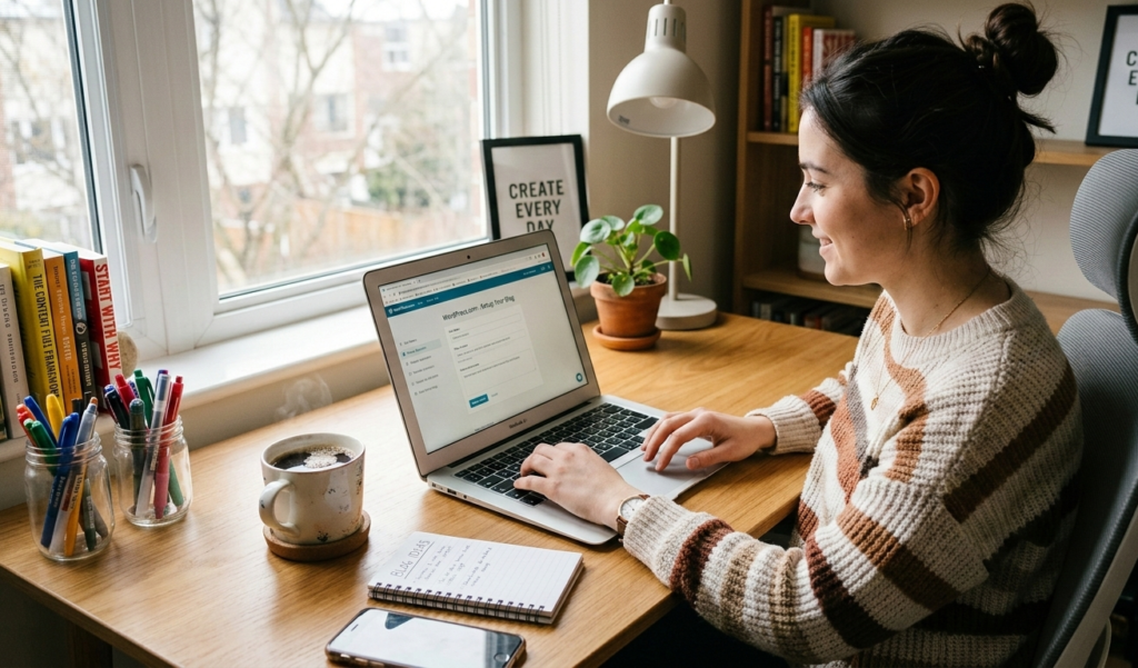 Person earning money from blogging with analytics chart on screen