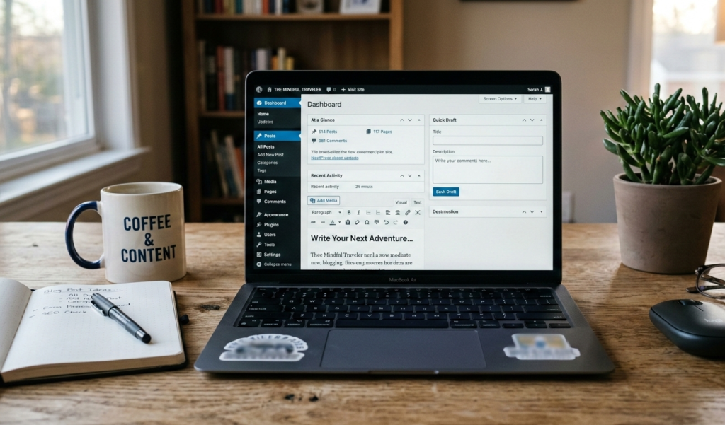 Laptop showing WordPress dashboard with blogging tools