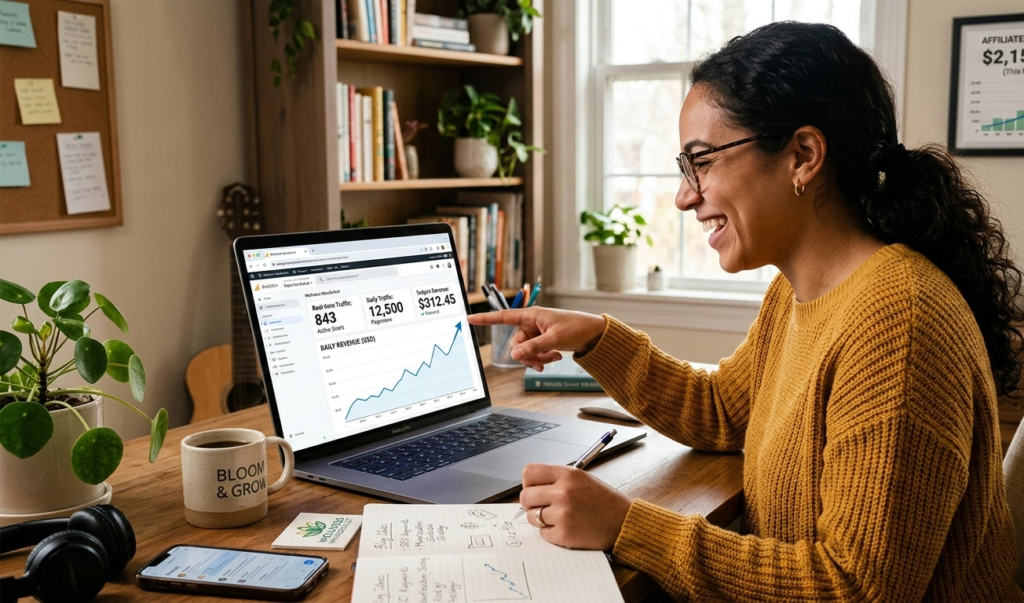 A beginner setting up a blog on a laptop with coffee on desk, modern workspace