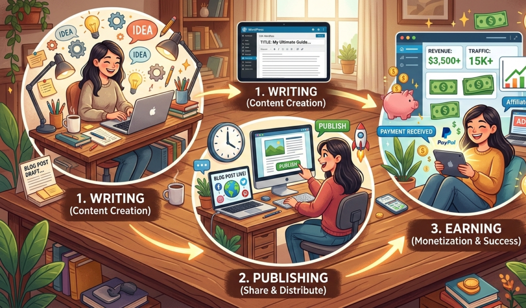 Illustration of blogging workflow: writing, publishing, earning money online