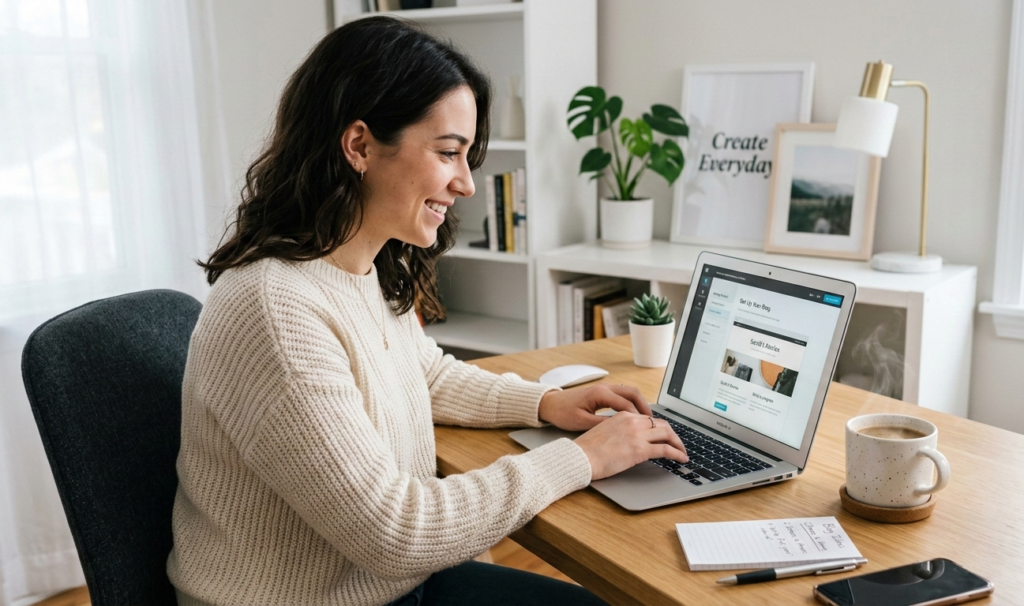 A beginner setting up a blog on a laptop with coffee on desk, modern workspace