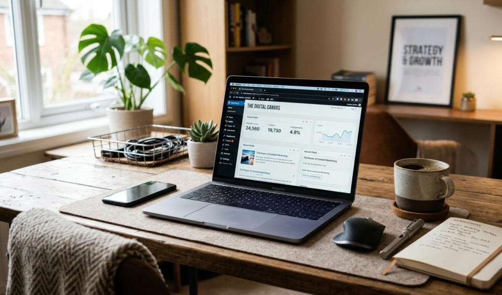 Modern workspace with laptop showing a blog website dashboard, coffee cup, notebook, soft lighting, digital marketing concept