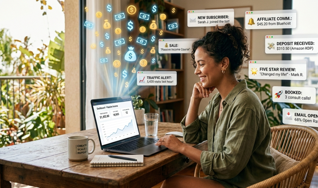 A relaxed entrepreneur working on a laptop while money icons and website notifications appear in the background, representing passive income online.jpg