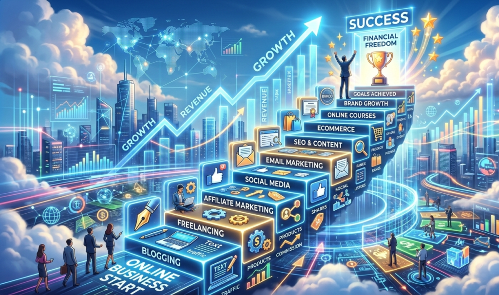 A digital staircase made of icons like blogging, freelancing, affiliate marketing, and social media leading to success, representing online business growth.jpg