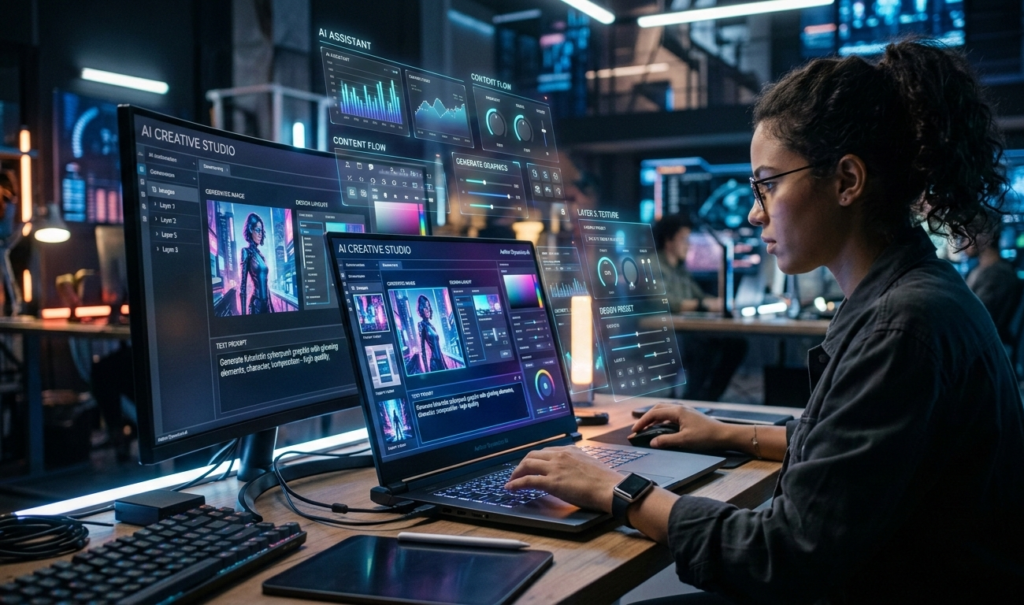 A blogger typing an article on a laptop with charts, website traffic graphs, and passive income icons around the screen, cozy workspace.jpg