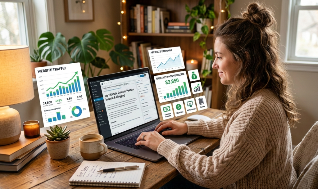 A person learning digital skills on a laptop with icons for SEO, content writing, graphic design, and social media marketing floating around, futuristic digital workspace.jpg