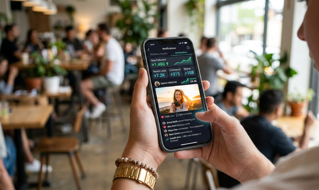 A person sharing product links on social media using a smartphone and laptop, digital shopping icons and commission earnings appearing on screen, clean modern illustration.jpg