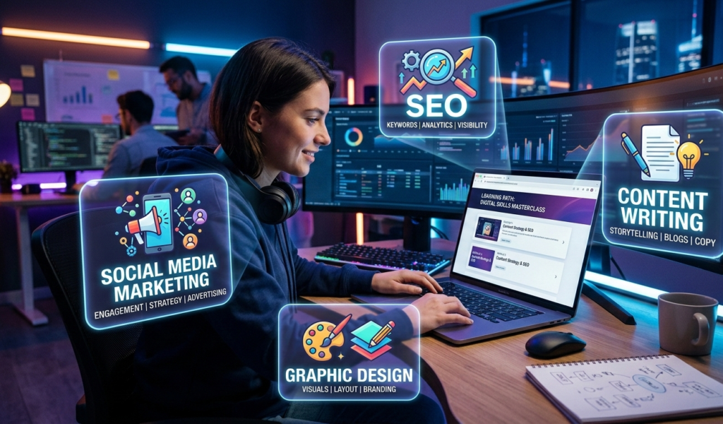 A person sharing product links on social media using a smartphone and laptop, digital shopping icons and commission earnings appearing on screen, clean modern illustration.jpg