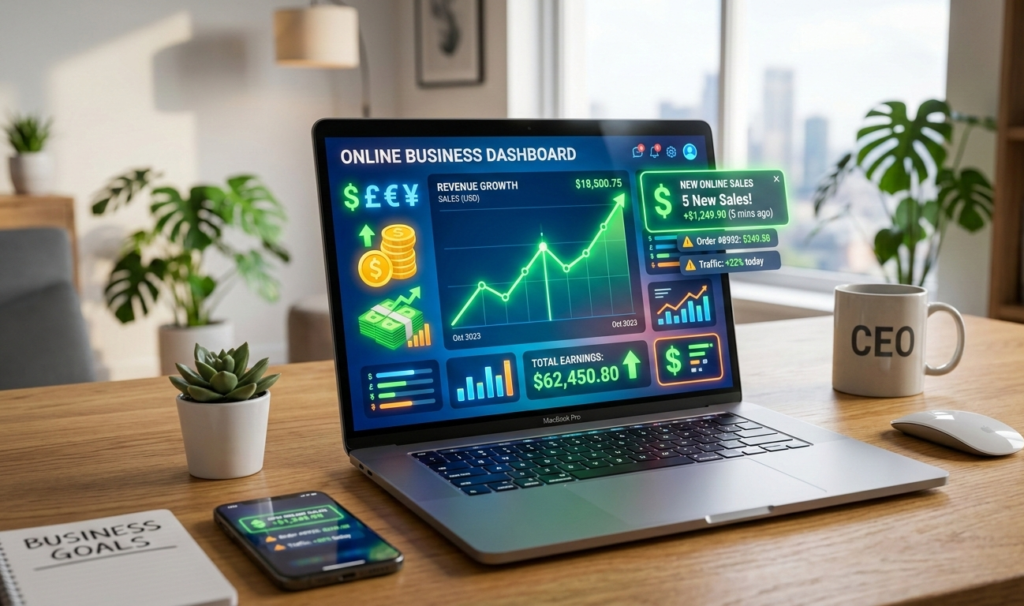 A laptop with digital money icons, online sales notifications, graphs going up, representing making money from an online business, bright modern tech style.jpg