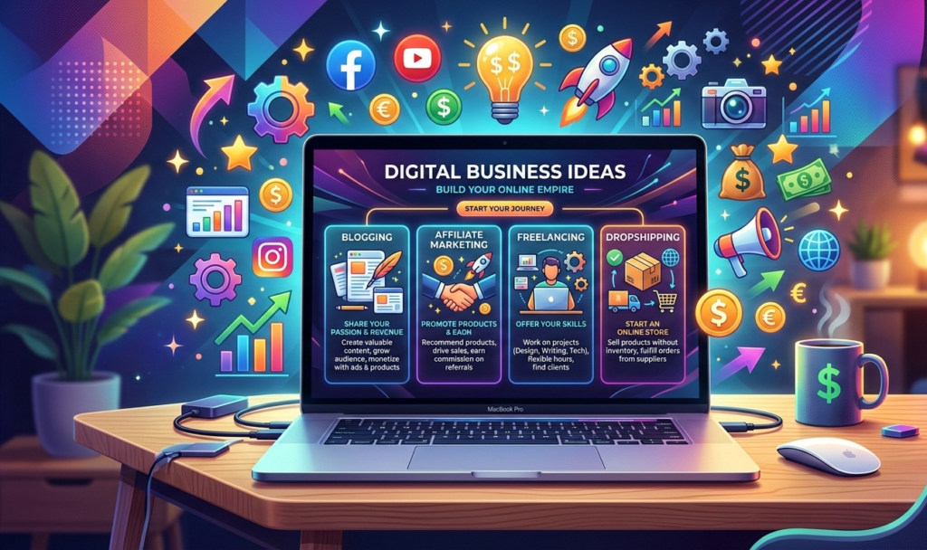 A laptop screen showing digital business ideas like blogging, affiliate marketing, freelancing, and dropshipping, colorful icons floating around the laptop, modern digital illustration.jpg
