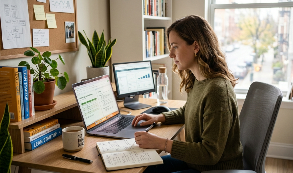 A young entrepreneur working on a laptop at home, planning an online business, notebook and coffee on the desk, modern workspace, soft natural lighting, realistic style.jpg