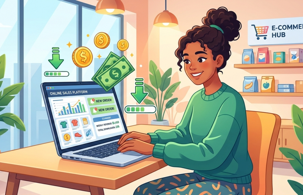 Illustration of someone selling products on a laptop with money icons or downloads.jpg