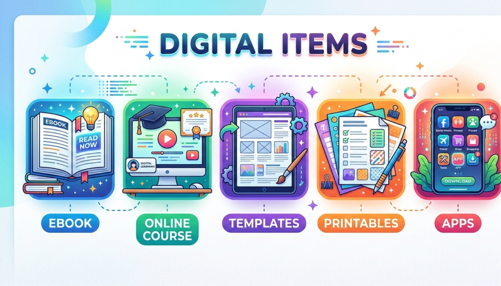 Illustration showing icons of digital items like:
Ebook
Online course
Templates
Printables
Apps