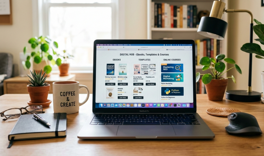 A laptop on a desk showing digital products like ebooks, templates, and online courses.jpg