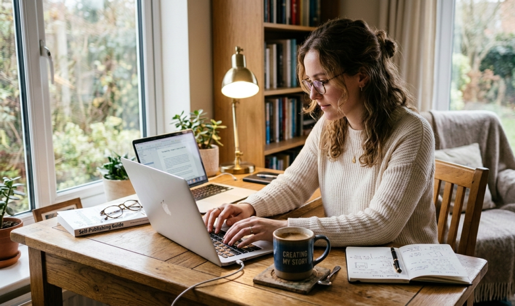 A person writing an ebook on a laptop with coffee on the desk.jpg