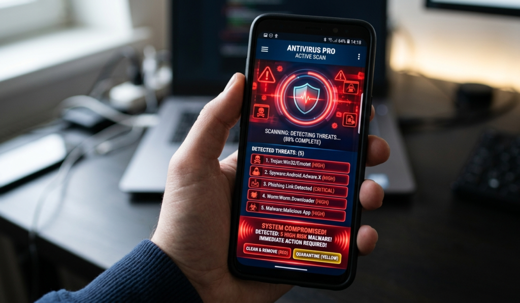 Smartphone with red warning symbols and malware icons, antivirus scanning interface on screen