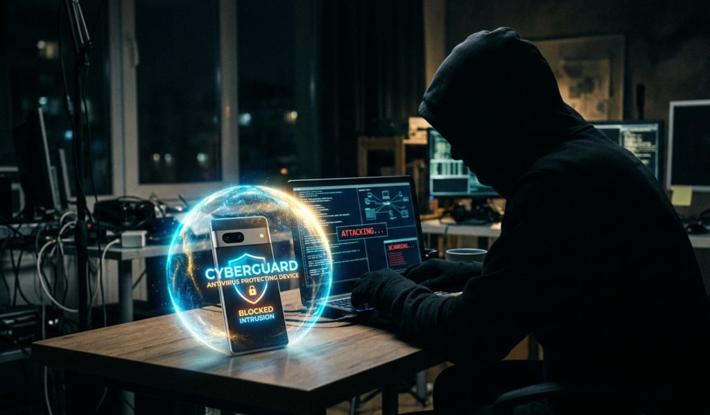 Hacker in shadows trying to access smartphone data, antivirus app protecting the device with glowing barrier