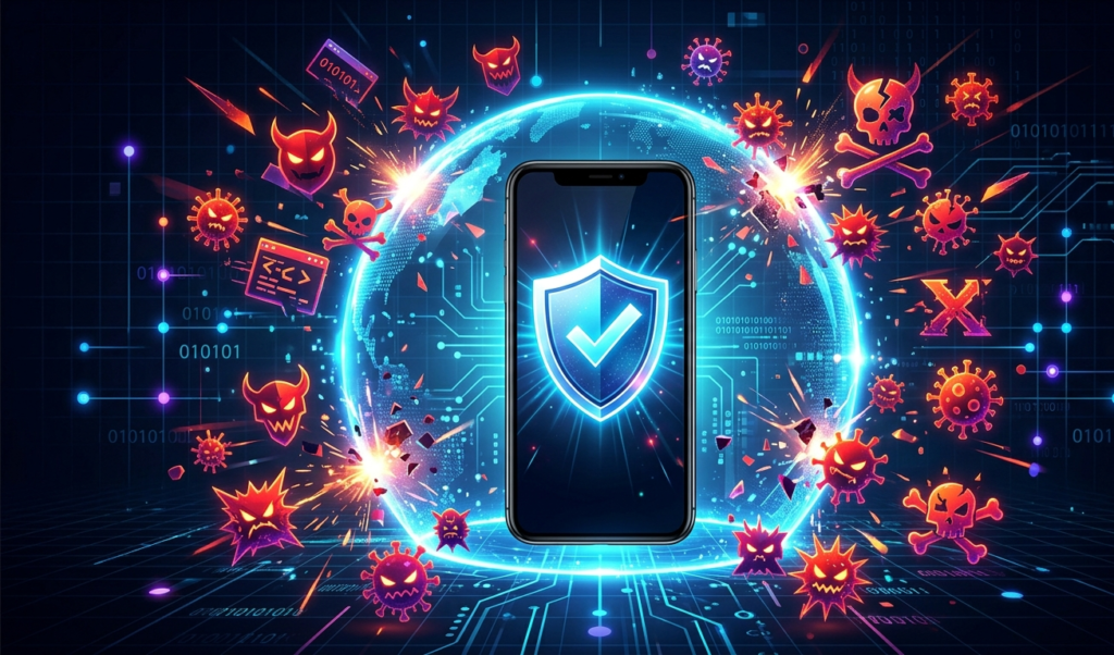 Virus icons attacking a smartphone, shield protecting the device, dark background, digital security theme