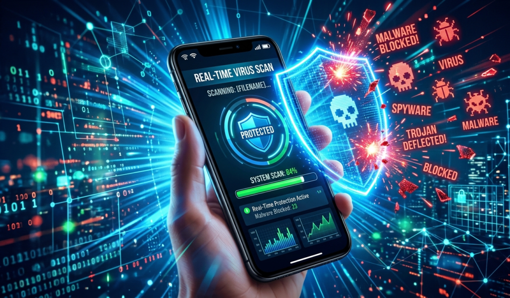 Mobile phone scanning viruses in real-time, animated malware icons being blocked, cybersecurity concept