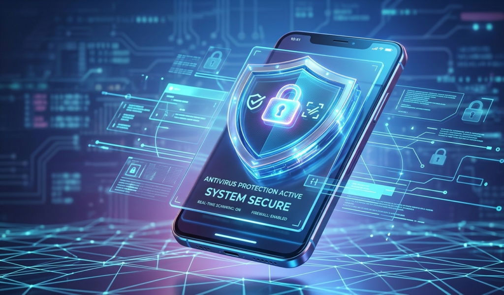 Smartphone with a security lock overlay and a glowing shield, representing antivirus protection, 3D style, tech aesthetic