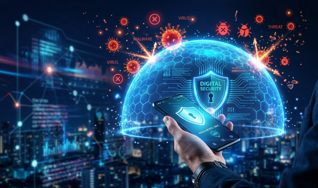 Hand holding a smartphone with a holographic shield above it, protecting from virus symbols, modern digital security illustration