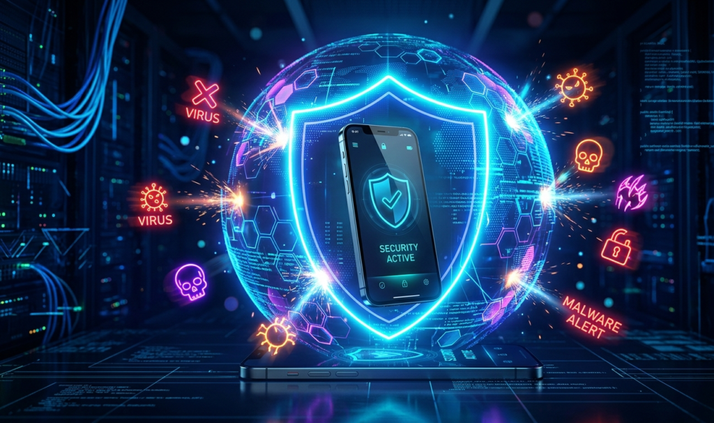 Smartphone surrounded by a glowing digital shield with malware icons bouncing off, futuristic cybersecurity style, dark blue background, high-tech neon lighting