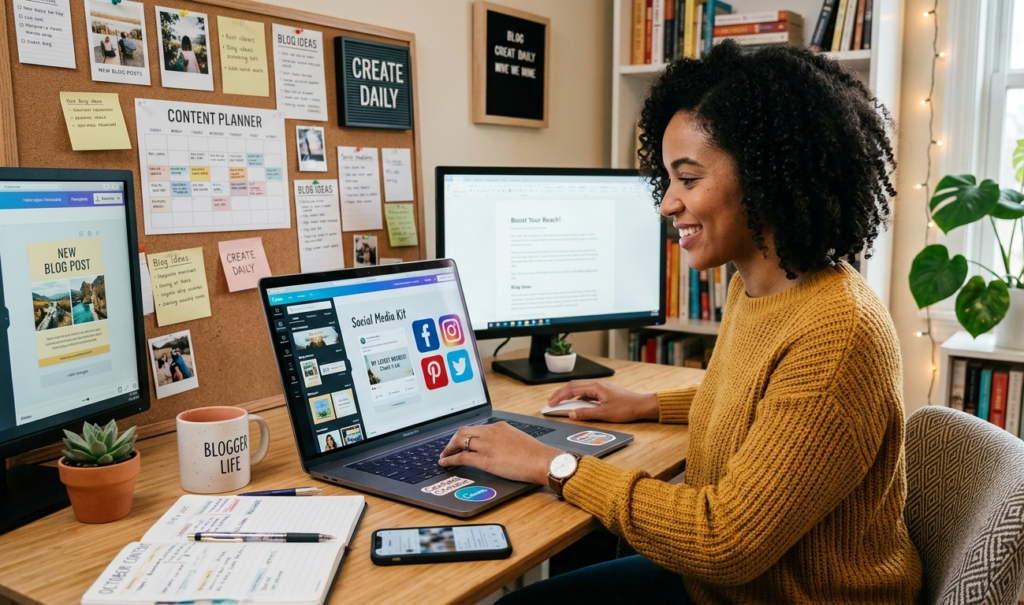 Creating social media graphics to promote blog posts on Facebook.