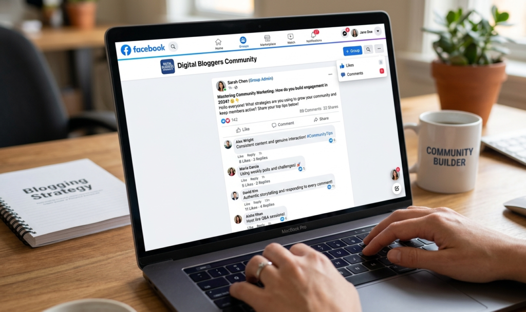 Promoting blog posts in Facebook groups to reach a larger audience.