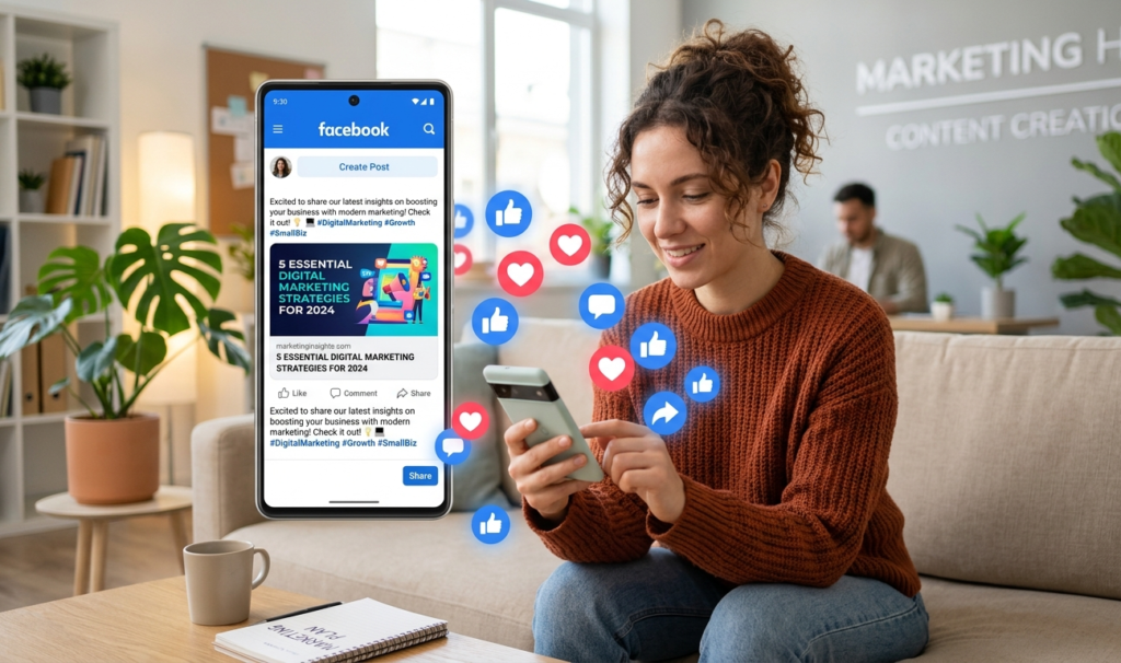 Sharing a blog post on Facebook to drive traffic to a website.
