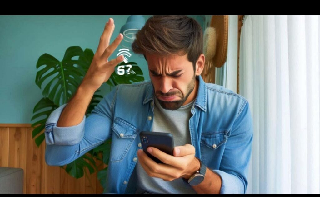 A person looking frustrated while their phone loads slowly.