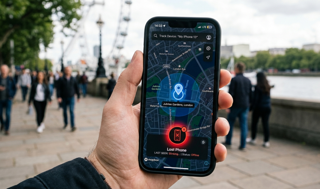 A map on a smartphone screen showing location tracking with a glowing pin, lost phone icon blinking, modern UI design, realistic