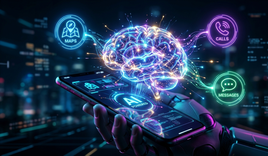 Smartphone with AI brain hologram emerging from screen, icons like maps, calls, and messages connecting, futuristic digital style, neon glow
