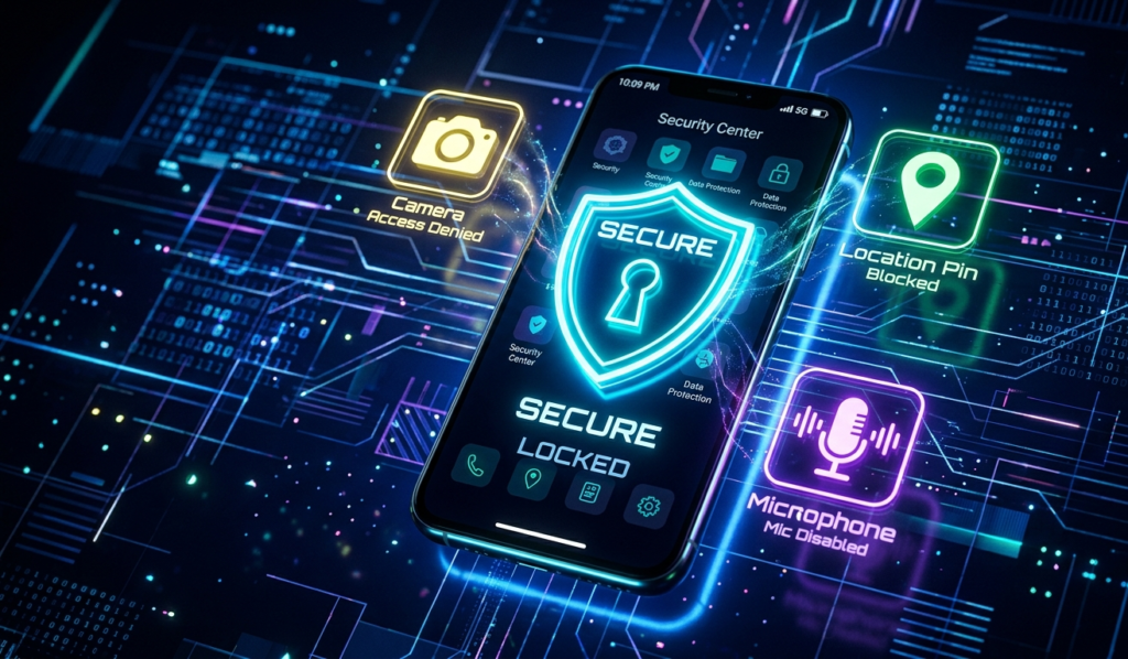 A smartphone with a glowing shield lock icon, app permission icons (camera, location, mic) floating around, dark background, cybersecurity concept, futuristic lighting