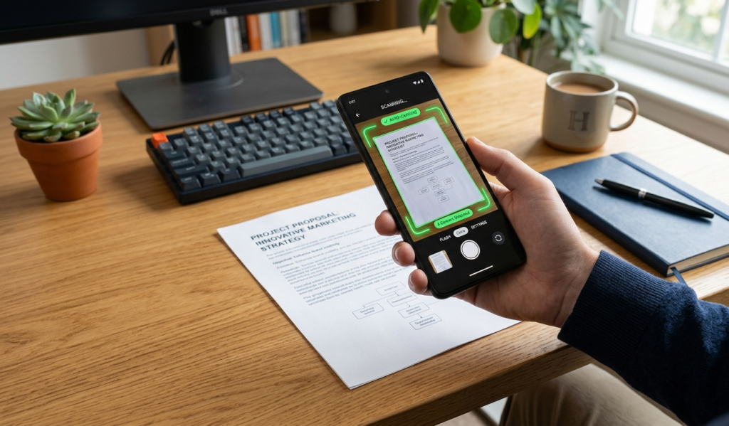 Smartphone scanning a paper document on a desk, camera interface visible, auto-detection corners glowing, clean workspace, realistic high detail