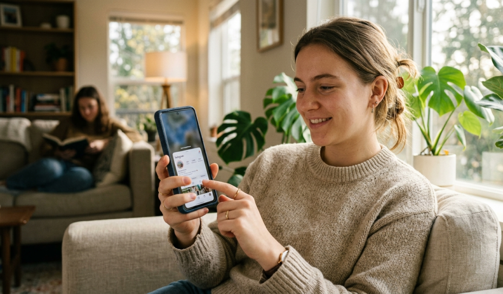 A young person comfortably using a large smartphone with one hand, screen adjusted smaller, bright natural lighting, lifestyle photography style, realistic