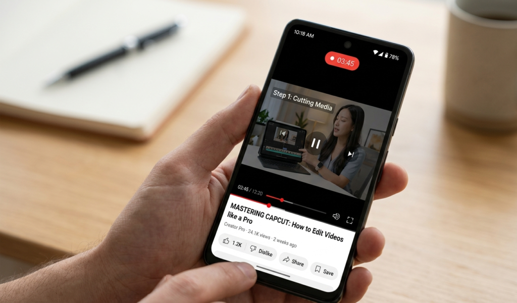 Smartphone screen showing screen recording in progress with red recording icon, a tutorial video playing, clean UI, realistic style, soft lighting, minimal background