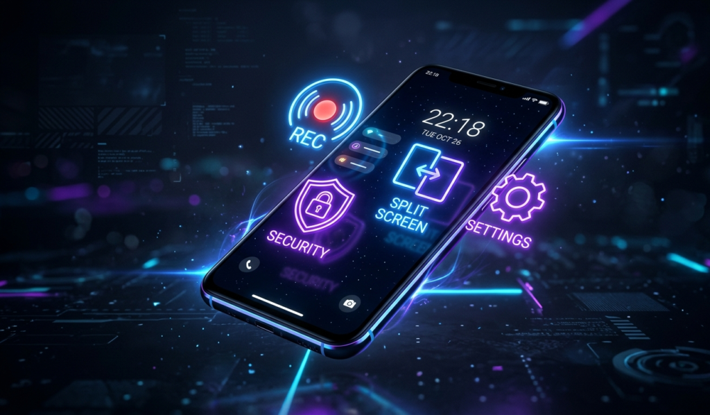 A realistic modern smartphone floating in the air with glowing icons like screen recording, security lock, split screen, and settings, dark background with neon blue and purple lighting, futuristic tech style, ultra HD, clean composition, digital art